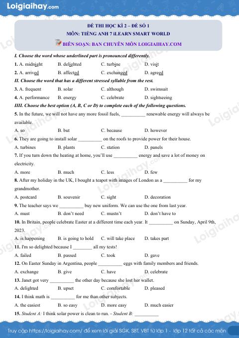 Đề thi học kì 2 Tiếng Anh 7 iLearn Smart World - Đề số 1